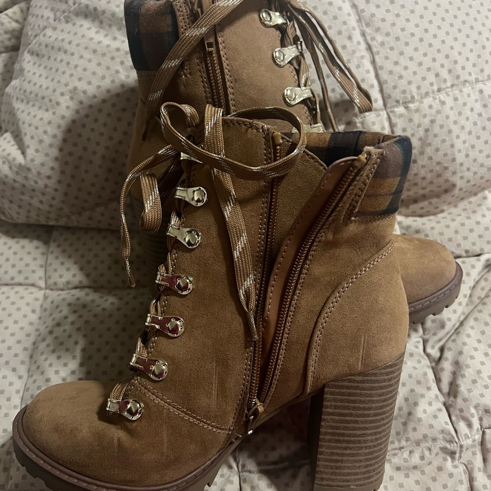 Tan Lace-Up Heeled Boots